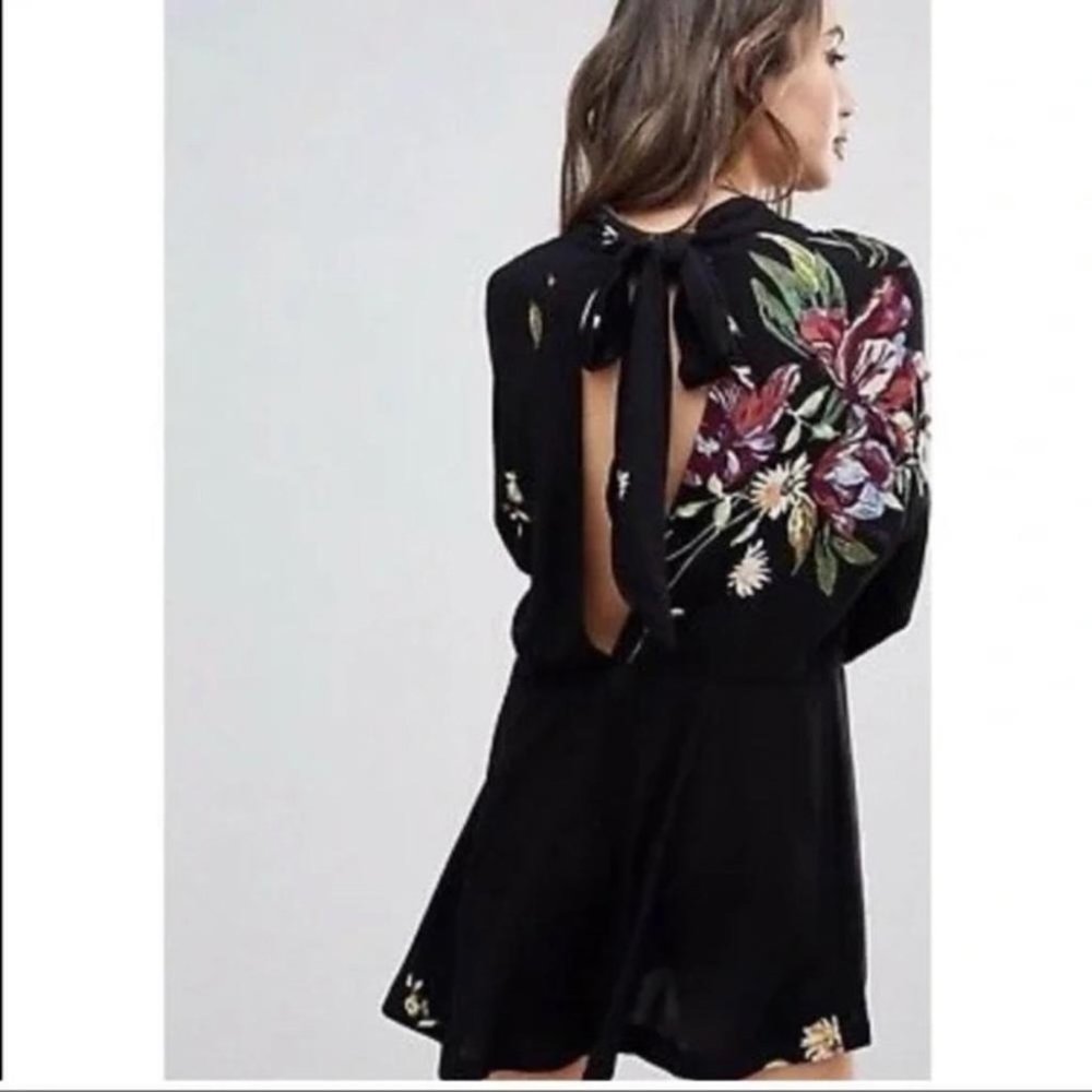Free People Womens Size Large Gemma Floral Mini Tunic Dress Black Boho Open Back